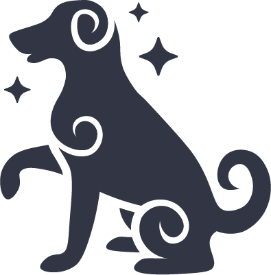 Here's an alt tag for the image: Stylized dog silhouette with stars.