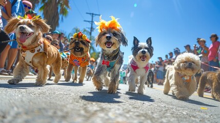 Dogs in costumes parade down street.