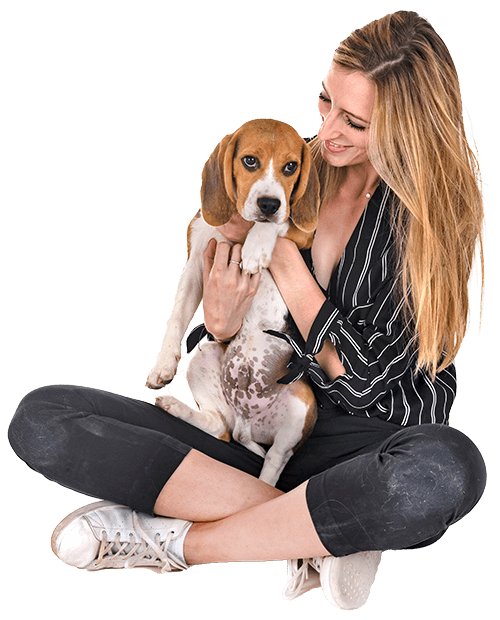 Woman sitting with a beagle dog.