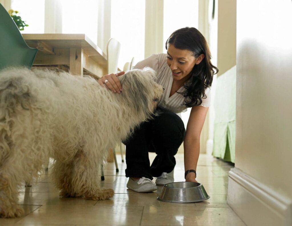 Woman feeding a fluffy dog indoors.