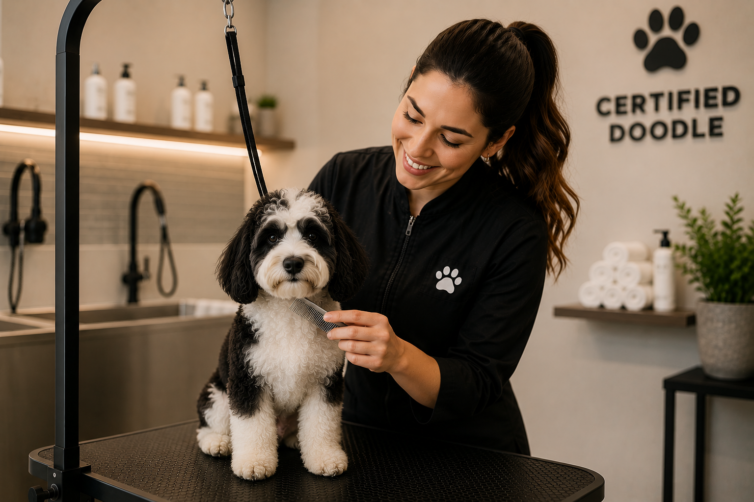 Groomer brushing black and white doodle dog