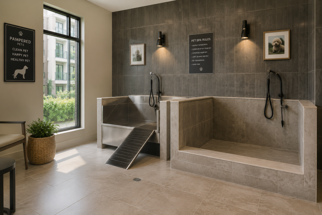 Indoor pet washing station with two tubs